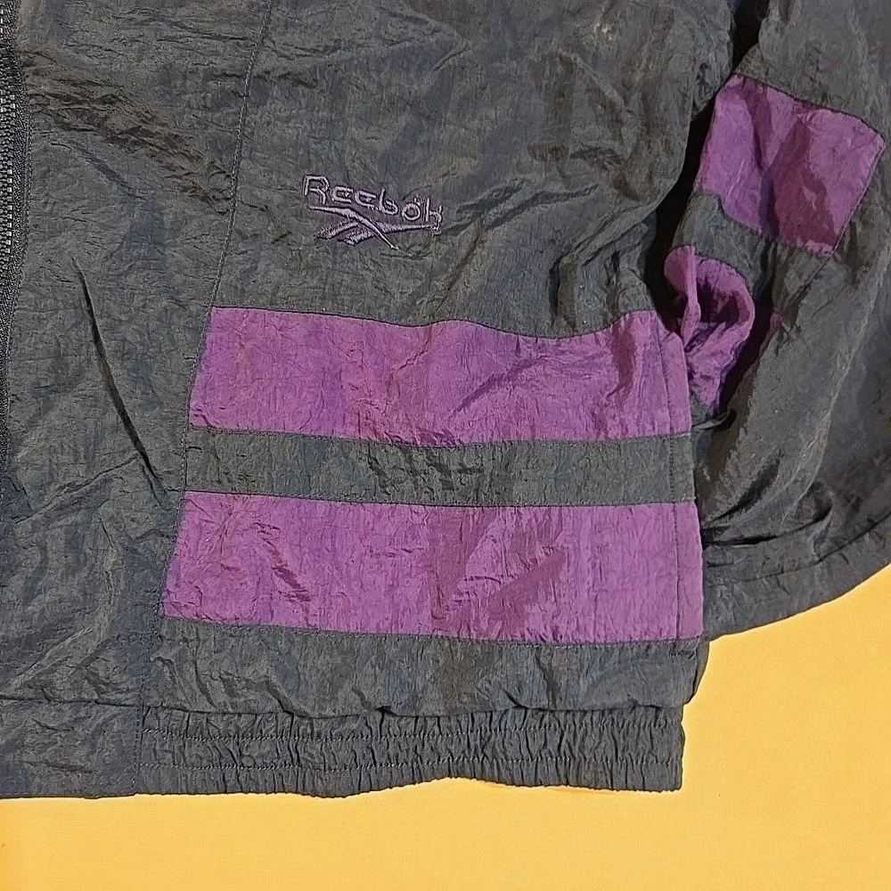 VTG Reebok L Windbreaker Navy Purple Stripe Block 80s 90s Full Zip Korea Crinkle